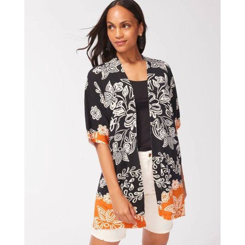 Chico's Size 0 S Black Floral Kimono Cardigan Orange Border Duster Boho
